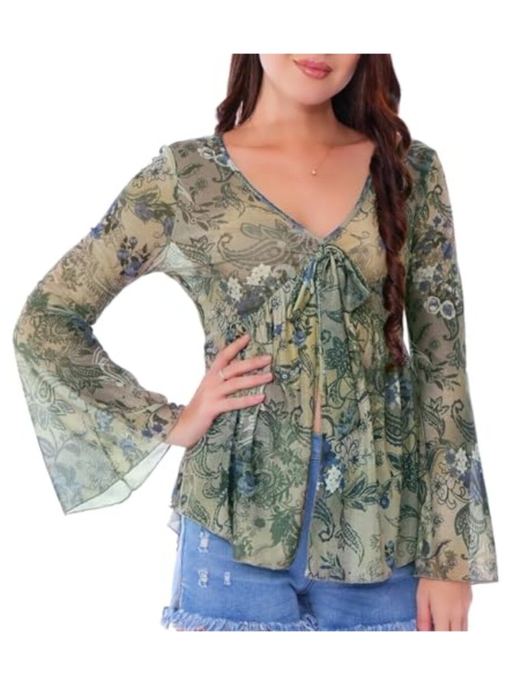 Women's Floral Mesh Beach Coverup Top Bell Sleeve V-Neck Peplum